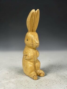 Handcrafted Wooden Rabbit Bunny Sculpture Signed Wood Carving 4.25” Tall - Chip